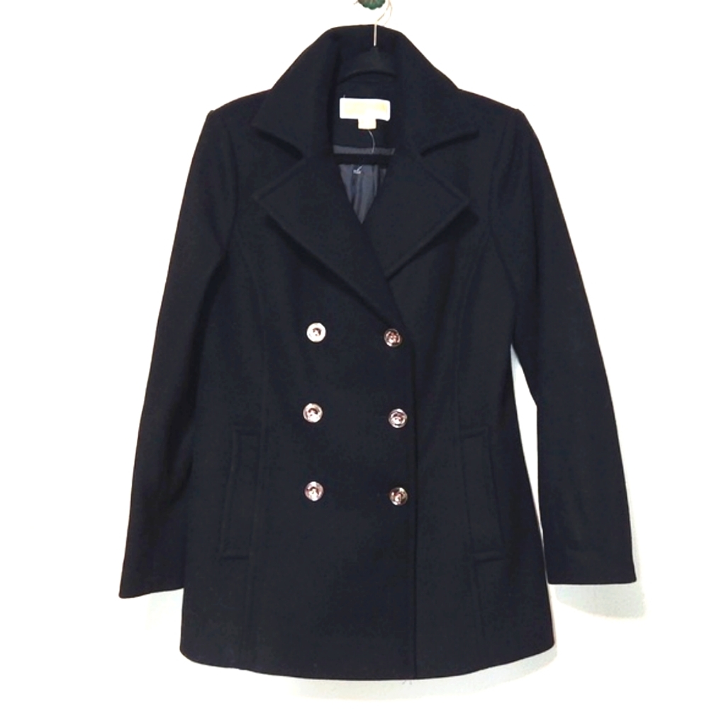 NEW! Michael Kors Black Wool Blend Double Breasted Peacoat Small